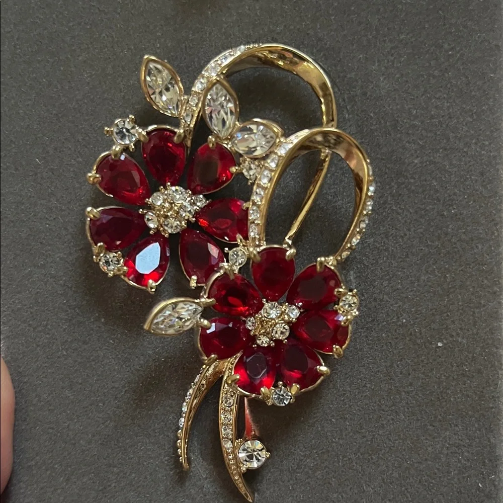Nolan Miller Ruby Red Gossamer Flower and Gold Floral Brooch - Picture 4 of 7